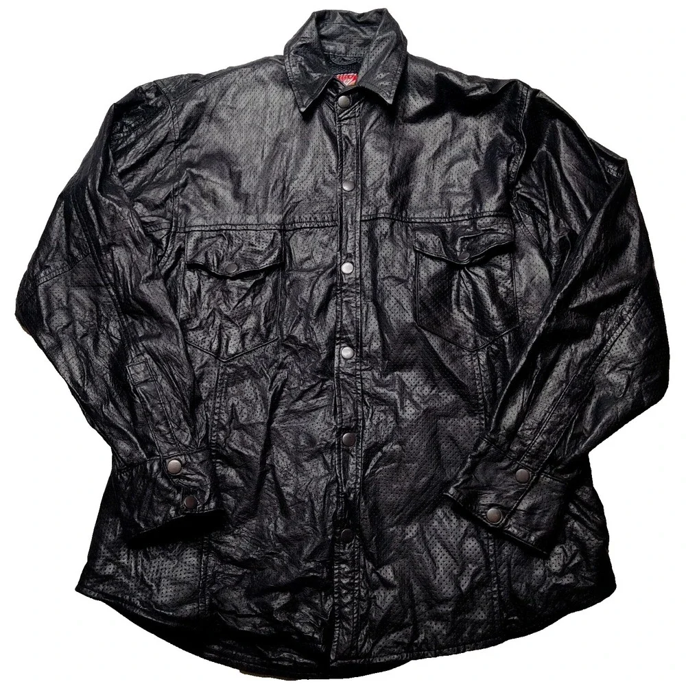 VTG MAS LEATHER Men Medium Black Snap Button Mesh Lined Long Sleeve Jacket - Picture 1 of 16